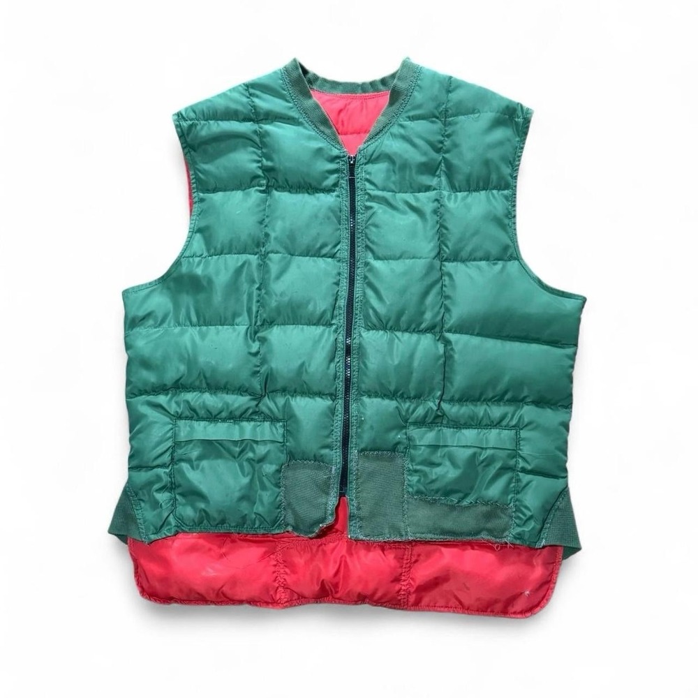 Vintage 70s Reversible Red Green Quilted Down Puffer Vest Outdoor Workwear L/XL